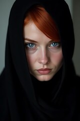 Naklejka premium Intense gaze of a woman with red hair shrouded in black.
