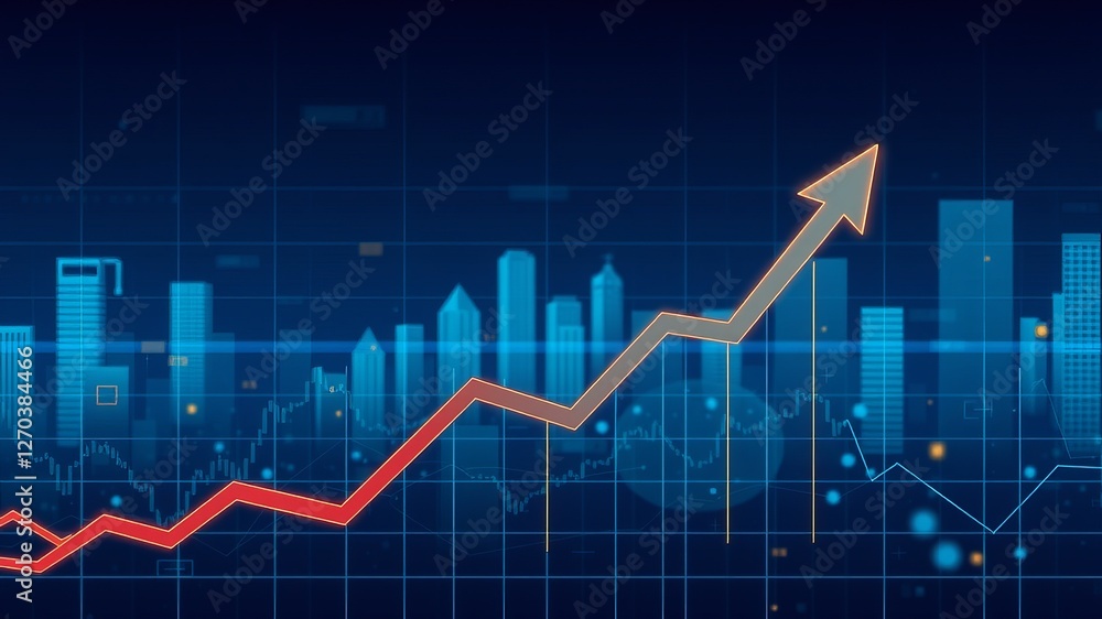 Poster dynamic growth chart with prominent red arrow indicating positive trend in business performance metr
