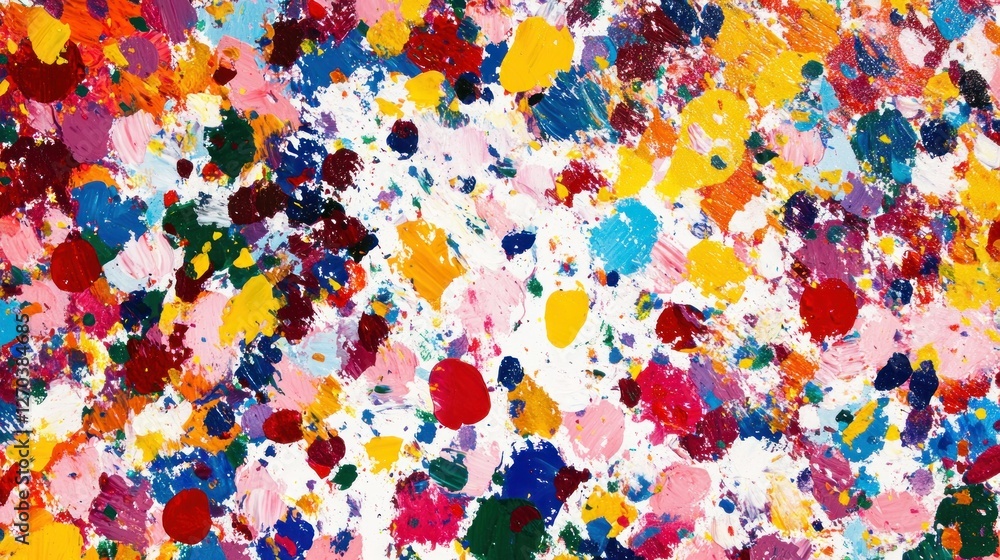 Poster a vibrant abstract painting filled with colorful splashes and dots, creating a lively composition.
