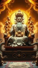 Fototapeta premium Majestic Statue of Ancient Deity Illuminated by Radiant Golden Light in a Serene Sacred Setting