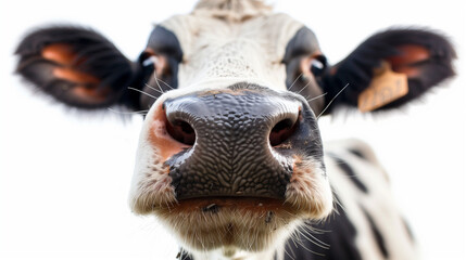 Funny cute cow isolated on white. Talking black and white cow. Funny curious cow. Farm animals. Cow, standing full-length in front of white background, Pet cow on white