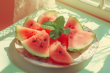 Sunlit Watermelon Slices with Mint: A Vibrant Summer Still Life