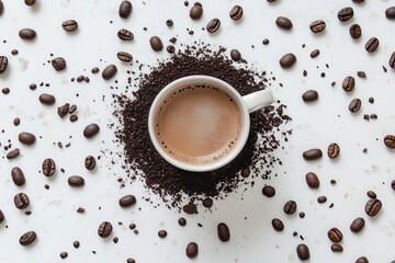 Fototapeta premium Savoring the rich aroma of coffee in an artistic flat lay with grounds and beans on a pure white surface. Generative AI