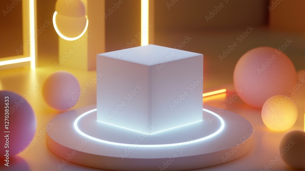 Poster a minimalistic 3d scene featuring a glowing cube and spheres, emphasizing modern design.