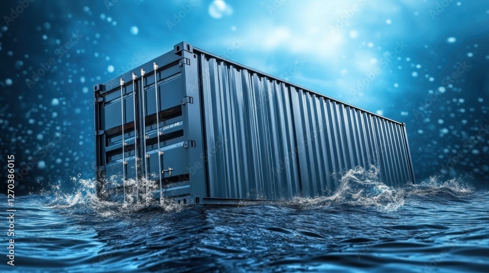 Poster a shipping container partially submerged in water, creating a dramatic and surreal scene.