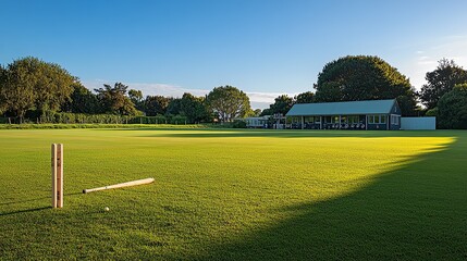 Cricket bat and ball on a field next to a pavilion in evening sunlight.