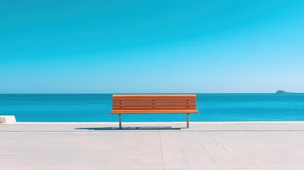 Tranquil Seaside Scene with Wooden Bench and Turquoise Ocean under a Clear Blue Sky