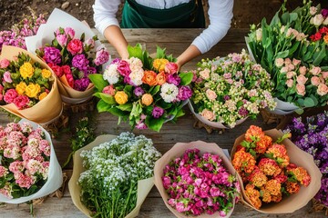 Gardener organizes colorful bouquets of fresh flowers for sale on a sunny day, surrounded by nature’s vibrant treasures. Generative AI