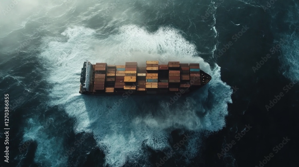 Poster aerial view of a container ship navigating through turbulent ocean waters.