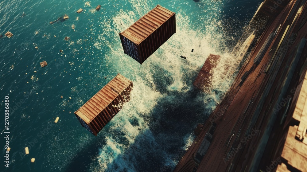 Poster aerial view of shipping containers falling into the ocean, creating splashes in the water.