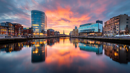 Naklejka premium vibrant cityscape with glass buildings reflecting on river at sunset, showcasing stunning colors and urban architecture