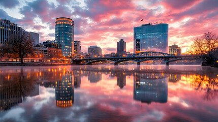 Obraz premium vibrant cityscape with glass buildings reflecting in river at sunset, showcasing beautiful colors and serene atmosphere