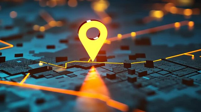 A glowing location pin on a digital map, representing navigation and geolocation services.