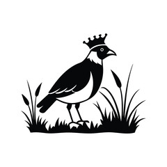 Royal Crested Bird Silhouette Standing on Grass – Vector Art
