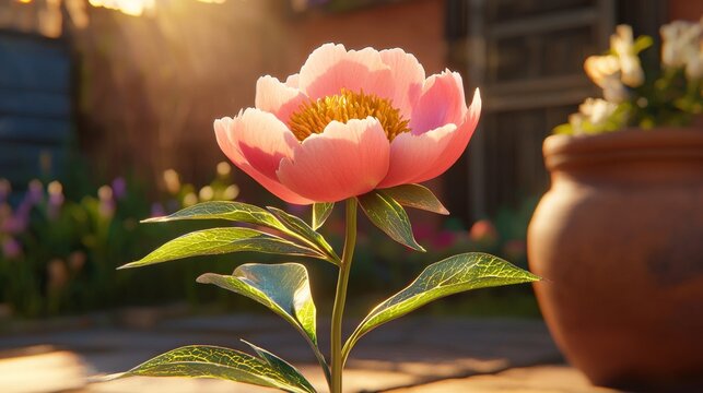 Beautiful blooming pink flower with lush green leaves illuminated by warm sunlight in a vibrant garden setting