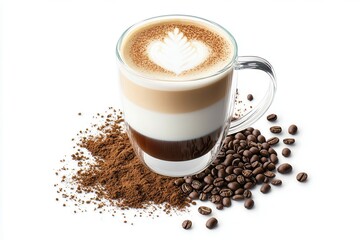 Indulging in the rich layers of a latte served in a stylish glass mug with elegant coffee art and aromatic beans nearby. Generative AI