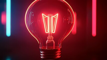 A glowing red neon light bulb against a dark background with colorful vertical lines. - Powered by Adobe