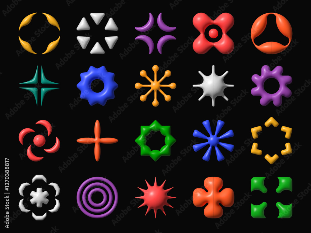 Poster 3d y2k brutalism shapes and abstract geometric figures vector icons set. y2k fluid color star, spark
