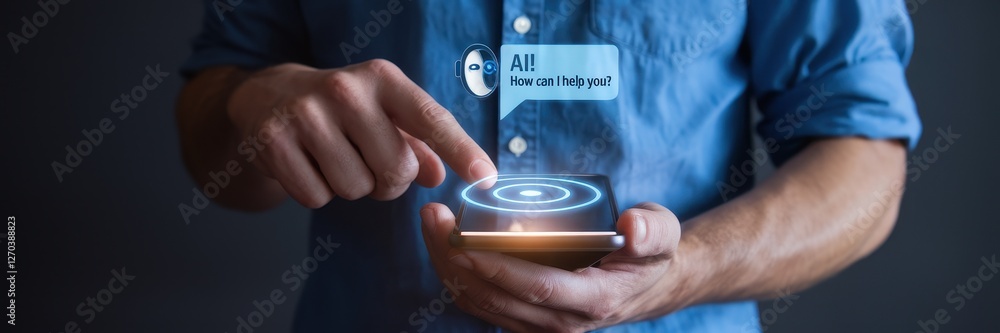 Aufkleber man interacts with ai assistant on smartphone showing technology