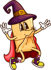Cartoon groovy Mexican tamale as Halloween witch or wizard character, vector Tex Mex food. Groovy quesadilla with happy face and funny smile in sorcerer or wizard mage mantle for Halloween holiday