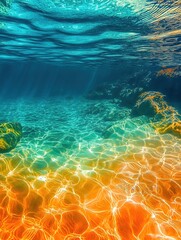 Obraz premium Underwater Scene with Sunlight Filtering Through Clear Turquoise Water and Golden Sand