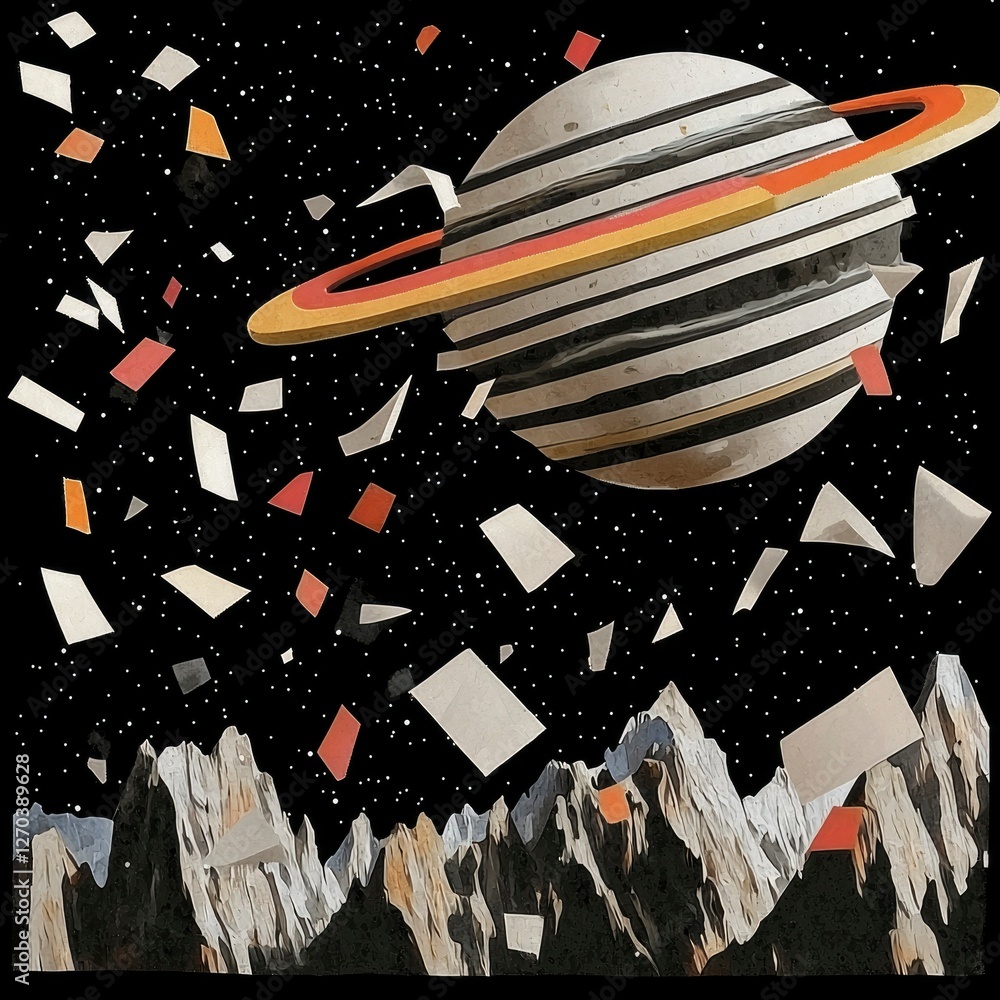 Wall mural collapsing planet with falling papers over mountain range