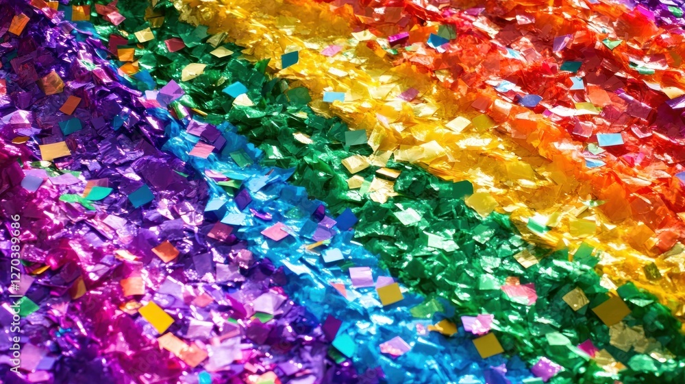 Poster a vibrant display of colorful confetti arranged in a rainbow pattern.
