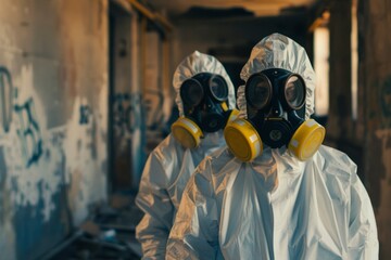 Two figures in hazmat suits and gas masks explore a derelict building. A post-apocalyptic scene.