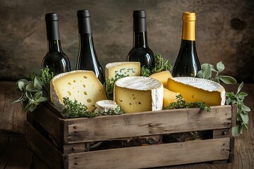 Delight in a rustic wooden crate brimming with artisanal cheeses and fine wine, perfect for a cozy farmhouse gathering. Generative AI