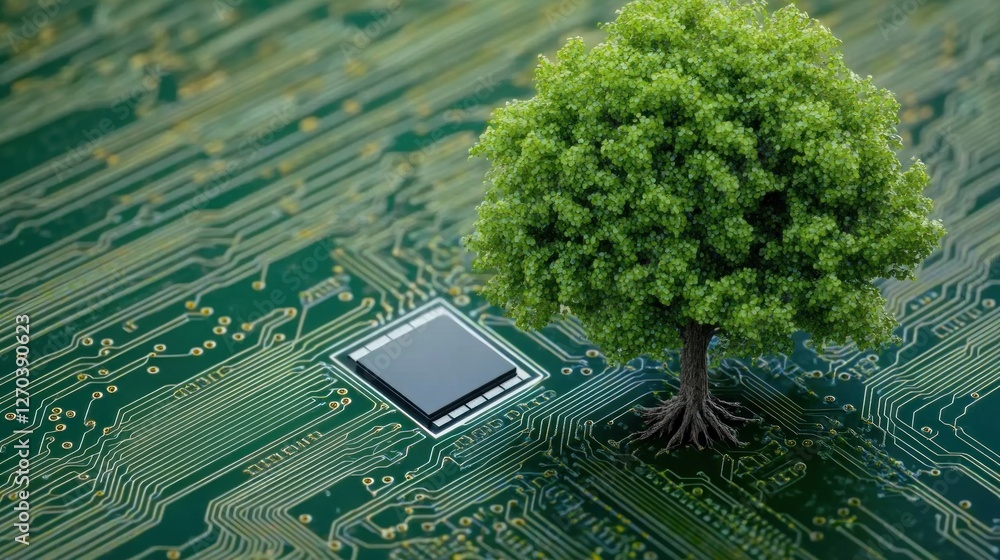 Poster a tree grows from a circuit board, symbolizing the intersection of nature and technology.