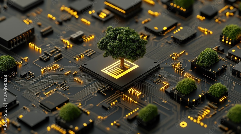 Poster a tree grows from a computer chip, symbolizing the fusion of technology and nature.