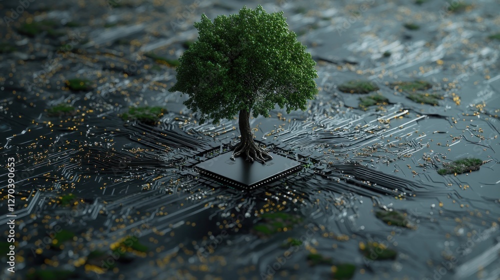 Poster a tree grows from a circuit board, symbolizing nature intertwined with technology.