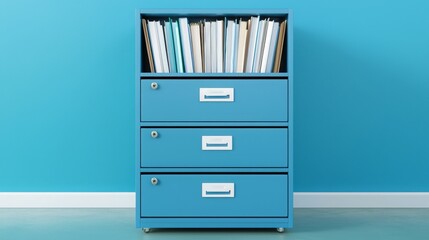 Remote work requires strong security for freelancers concept. Blue filing cabinet with folders against a bright blue wall.
