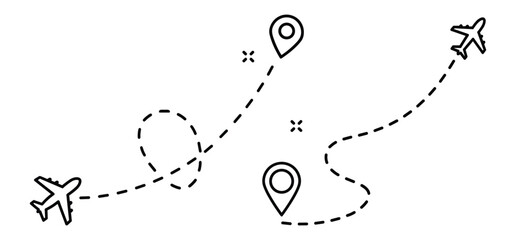 A Airplane line path vector icon of air plane flight route with start point and dash line trace Vector illustration with white background
