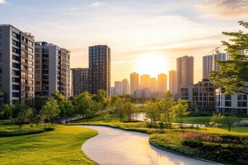 Obraz premium Modern apartment buildings with sunset view. Ideal for real estate, urban living, and sustainable development concepts.