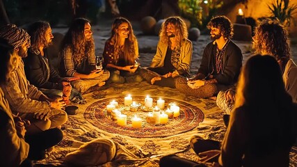 A group gathers around candles in a circle for a spiritual or social gathering at night.