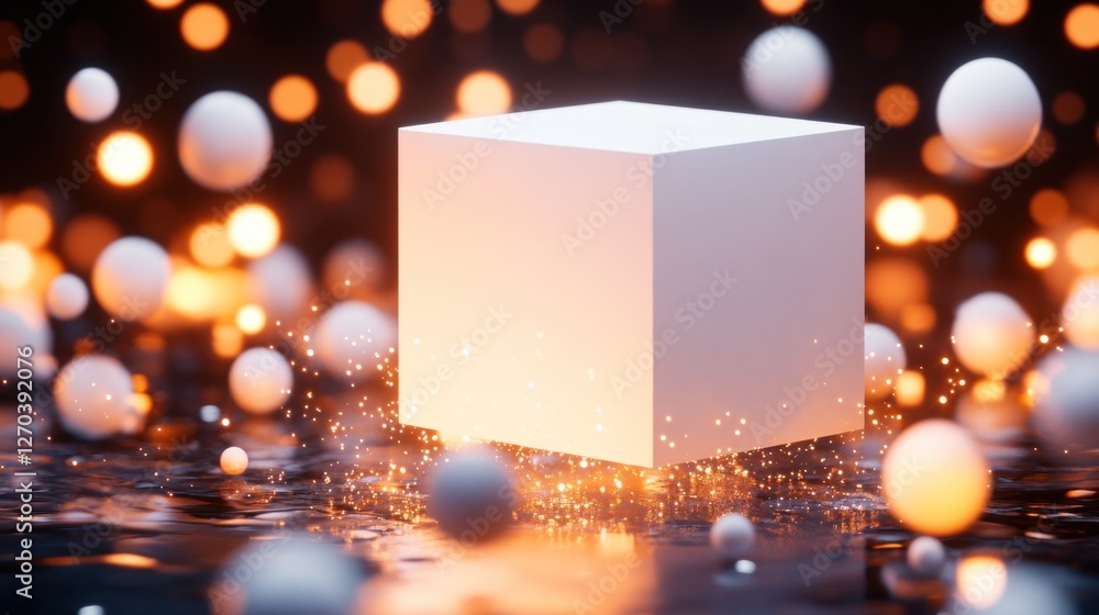 Poster a glowing white cube surrounded by floating spheres and sparkling particles in a dark setting.