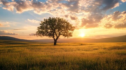 Silhouette of a lone tree against a fiery sunset sky