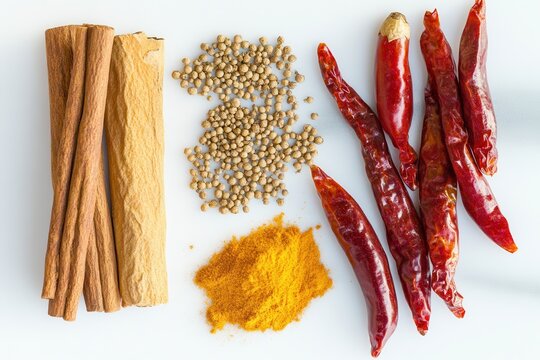 Discover the vibrant array of Indian spices like turmeric, cinnamon, and cumin in a stunning layout. Generative AI
