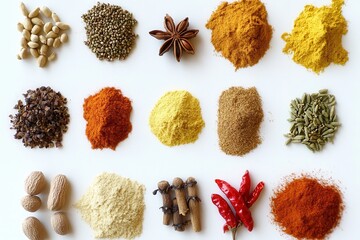 Vibrant tapestry of Indian spices showcasing the richness of flavor and aroma for culinary enthusiasts and aspiring chefs. Generative AI