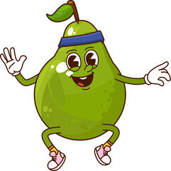 Cartoon funny groovy green pear fruit character cheerfully jumping. Isolated vector garden plant, healthy food retro personage with expressive face, headband and sneakers, exuding hippie summer vibes