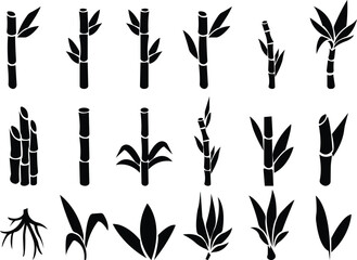 Bamboo, sugarcane vector icon set, in glyph style designs elements, sweeteners for drinks. leaves, sugar ingredient stem. Design elements for social network and application. on transparent background.