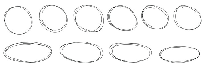 Hand drawing different circles isolated on the transparent background, Handwritten red circle. For marking text, numbers, marker pen, pencil, logo, hand-drawn doodle grunge circle highlights .