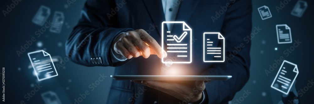 Poster man in suit using digital tablet for document management