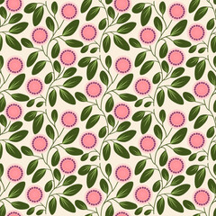 Elegant botanical floral pattern with pink circular blooms and lush green leaves on a light background. Perfect for textiles, wallpapers, stationery, and decorative designs.
