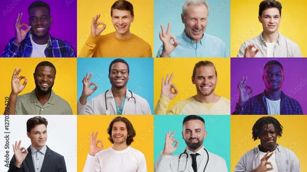 Poster a collection of multiracial men showcasing the okay gesture with smiles, set against bright, colorfu