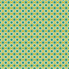 Retro-inspired floral pattern with bright blue and green flowers in a repetitive geometric arrangement. Perfect for vintage-style textiles, wallpaper, stationery, gift wrapping, and home decor.