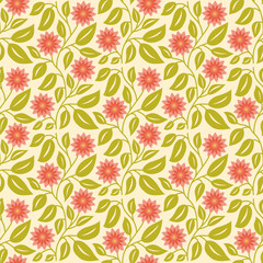 Fototapeta premium Seamless botanical floral pattern with elegant pink flowers and green leaves for decorative design. Perfect for textiles, wallpaper, stationery, gift wrapping, and digital projects.