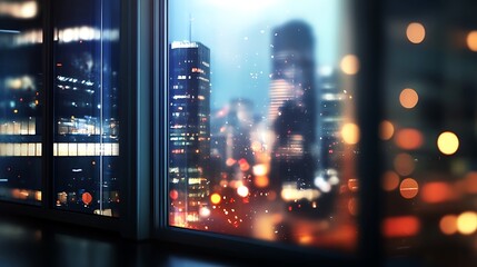 Night city view from window, blurred lights, bokeh effect, urban landscape.