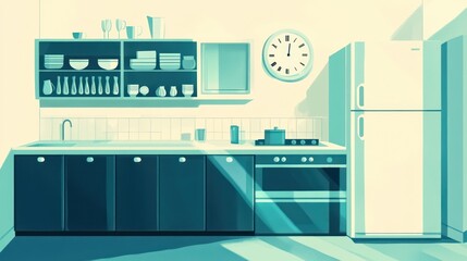 Modern Kitchen Interior, Sunlight, Clean, Cozy, Stock Photo